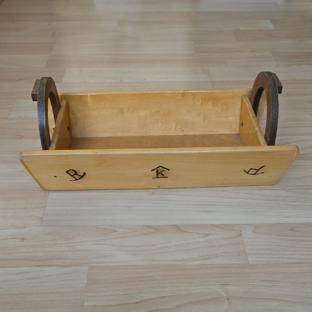 Vintage JR Western Woodcraft wooden tray w/ horse shoe handles branded logo